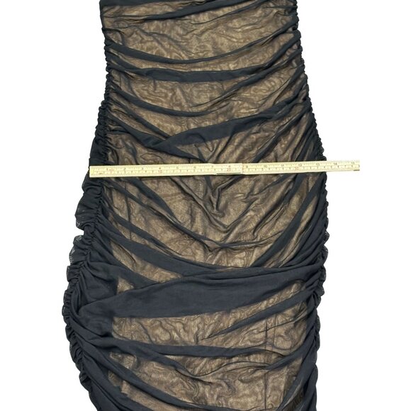 Black Mesh Ruched One-Shoulder Midi Dress By Lulus Size L - Picture 6 of 9